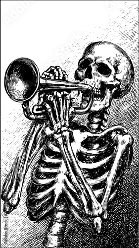 Skeleton playing trumpet in a black and white outline style. Vintage illustration with detailed vector engraving of the musician's form.
