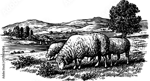 Sheep grazing in a rural landscape. Vintage outline vector illustration showcasing nature and tranquility in a detailed design.