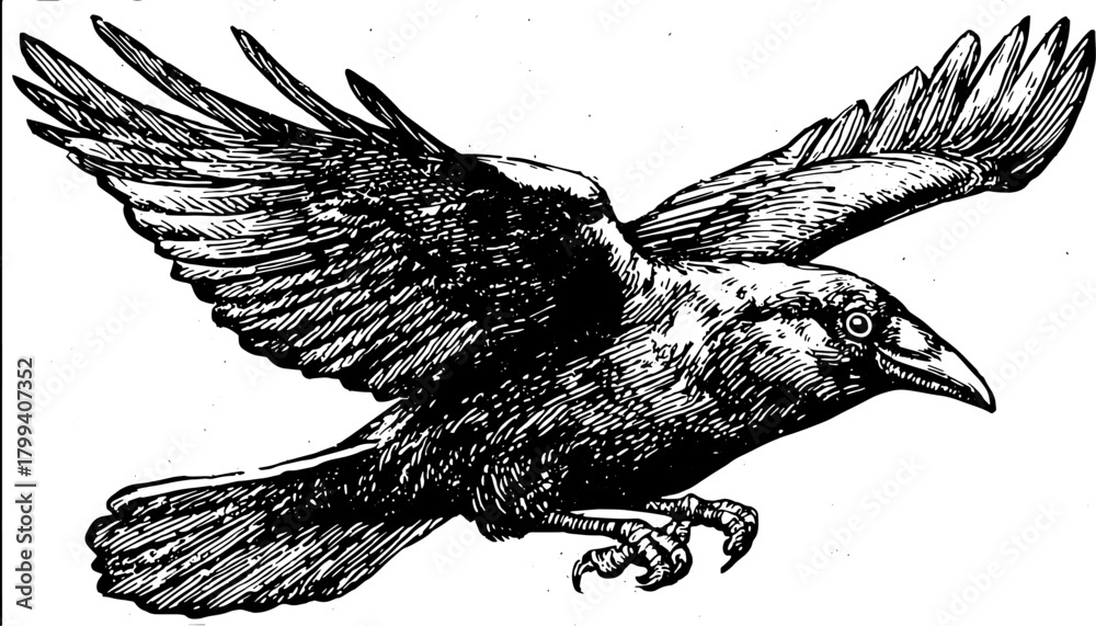 Fototapeta premium Raven flying with detailed wings and talons in a black ink lineart style. Nature animal vector illustration with vintage engraving details.