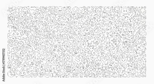 An illustration of a multitude of various hand drawn icons and symbols scattered across the entire image