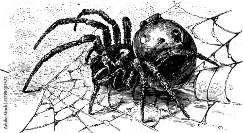 Spider on a web in a detailed monochrome style. Vintage vector illustration with hand-drawn engraving lines.