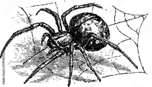 Spider with detailed body and legs on a web. Vintage black and white vector illustration with classic etching style.
