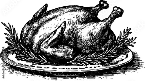 Roast chicken or turkey on a plate in vintage sketch style. Black and white food vector illustration.