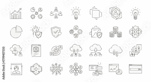 Collection of business and technology icons representing various concepts and data visualization elements