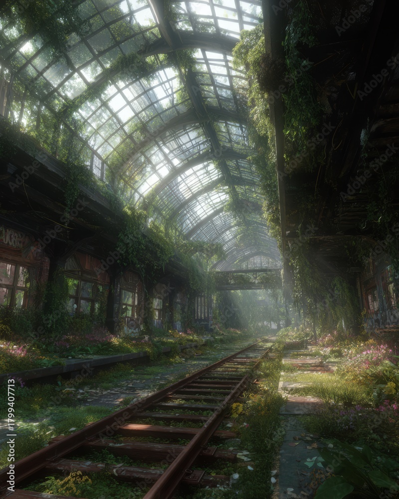 Fototapeta premium Vines crawling over a train platform, with plants nesting on rusted rails.