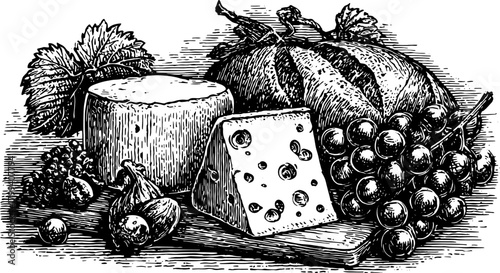 Set of cheese, grapes, pumpkin, figs, and leaves in a rustic food still life. Vintage handdrawn vector illustration with detailed texture.