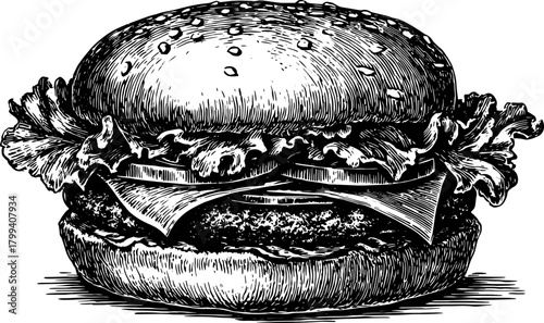Classic burger with beef patty, lettuce, cheese, and sesame bun. Black and white vintage sketch style vector illustration.