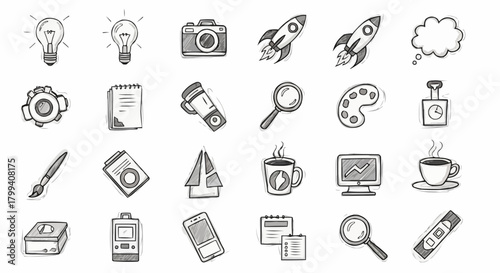 Collection of sketched icons depicting various objects and concepts on a white background surface here