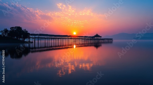A serene sunrise bathes a long bridge over a tranquil lake, with colorful reflections