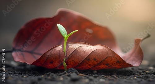 A small green sprout emerging from the soil next to a dried brown leaf, symbolizing growth and renewal in nature
