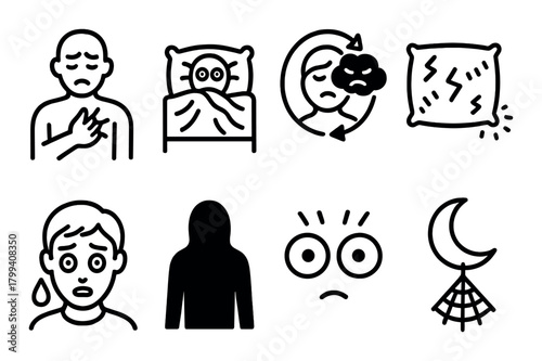 Illustrated symbols of sleep disorders and anxiety featuring various emotions