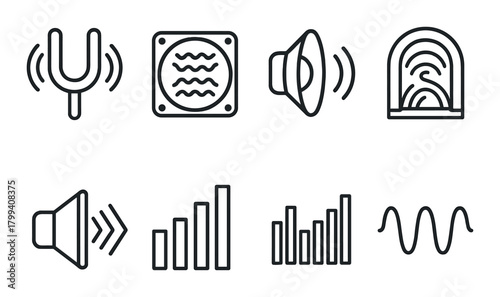 Black and white audio icons collection: sound wave, speaker, volume, equalizer