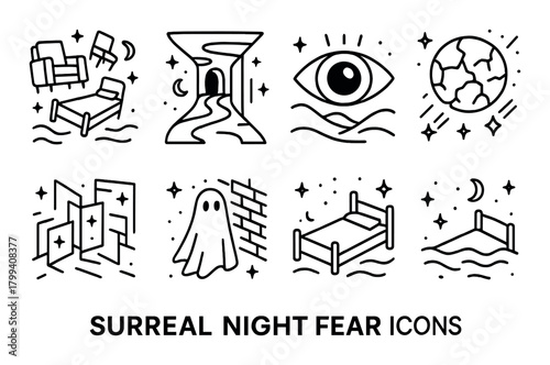 Surreal night fear icons including eye, ghost, and moon imagery