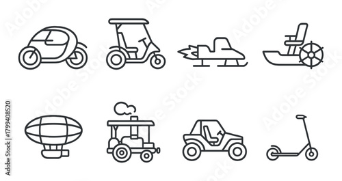 Collection of eight simple transportation vehicle icons in gray tones
