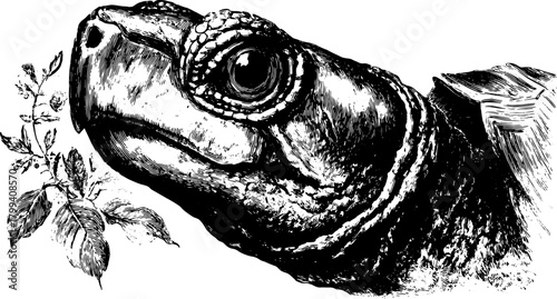 Turtle head illustration. Detailed black and white vector engraving of a reptile with surrounding flora. Vintage art featuring natural elements.
