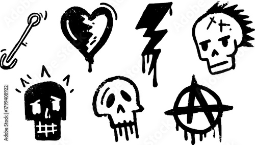 Skull, heart, and lightning icons in bold graphic style. Simple vector illustration with edgy elements, suitable for various design needs.