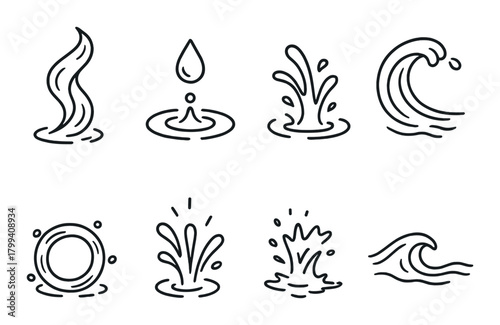Set of eight black and white water icons depicting waves, splashes, and symbols