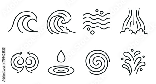 Abstract water-themed icon set on dark background featuring waves and spirals