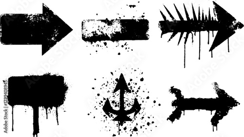 Black grunge arrows and symbols in a set. Modern vector illustration with graphic textures and abstract elements.