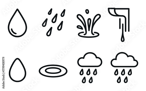 Water-themed icons: drop, splash, and rain illustrations on dark background