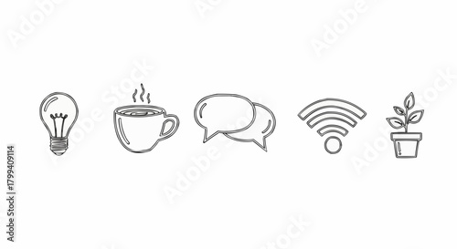 Illustration of lightbulb, coffee cup, speech bubbles, wifi signal, and potted plant icons in black outline