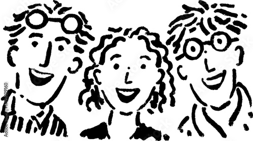 Three smiling characters in a simple vector illustration. This modern art style features black and white line drawings with joyful expressions in a set.