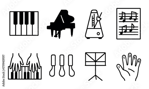 Musical instrument symbols: piano, metronome, notes, sheet, pedals