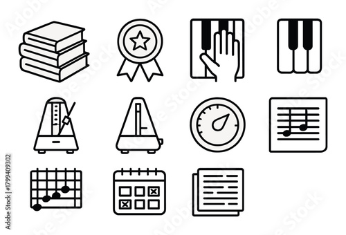 Music studies icons: books, awards, instruments, metronomes, notes
