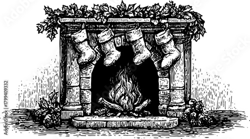 Vintage fireplace with stockings and holly accents. Black and white vector illustration capturing a cozy holiday atmosphere.