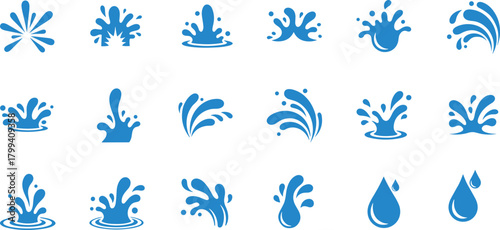 WebSet of 18 Blue Water Splash Icons Featuring Diverse Droplet Shapes and Splash Patterns for Clean, Fresh, and Environmental Designs