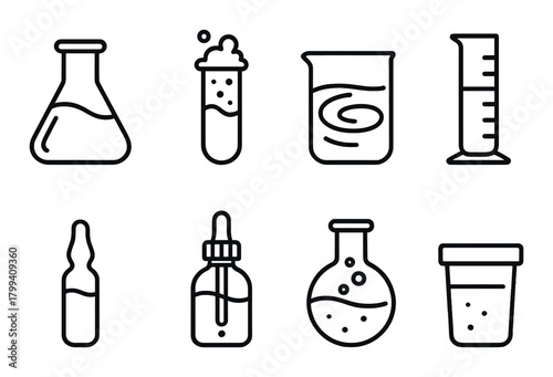 Set of eight laboratory icons featuring beakers, test tubes, and measuring cylinders