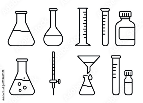 Laboratory glassware icons: beakers, flasks, pipettes, and more
