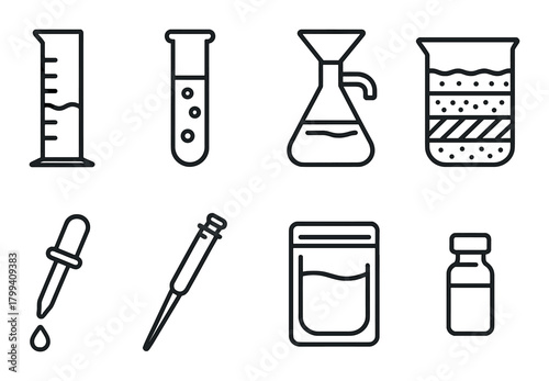 Set of chemistry laboratory equipment icons in black outline style