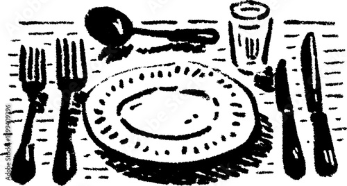 Table set with a plate, fork, knife, and spoon. Simple black and white vector illustration of a dining arrangement set.