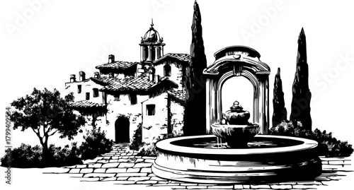 Illustration of a fountain and building in black and white. Elegant outdoor architecture featuring detailed landscape elements in a vector art set.