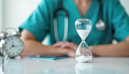 Doctor in scrubs with stethoscope has hourglass and alarm clock. Concept of time in medicine healthcare. Urgency in patient care. Urgent medical treatment.