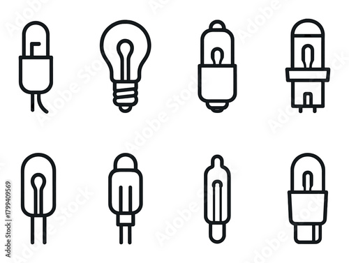Set of eight black line art light bulb icons on dark background