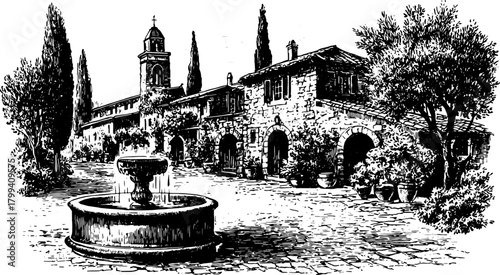 Classic architecture with a fountain in a quiet stone courtyard. Detailed outdoor vector illustration featuring trees and a garden set.