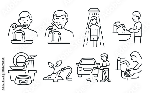 Water conservation activities: hygienic practices and daily habits illustrated