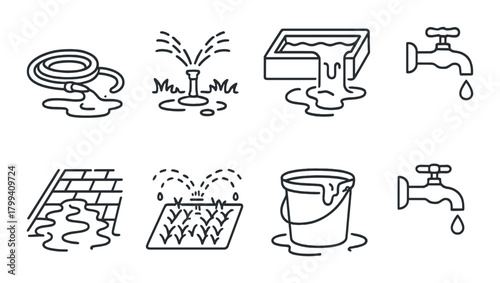 Water conservation icons: hose, sprinkler, overflowing box, faucet, puddle, irrigation, bucket, tap