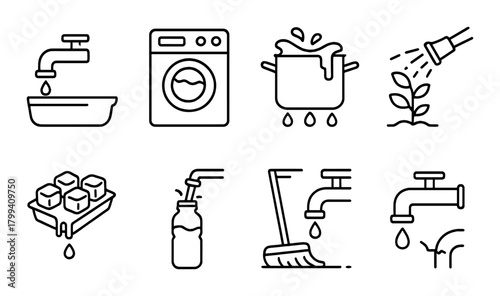 Black linear icons: water conservation and sustainable home practices