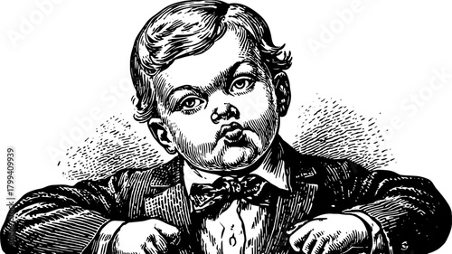 Vintage engraving of a child in a suit with a bowtie. This detailed outline illustration is a black print vector image.