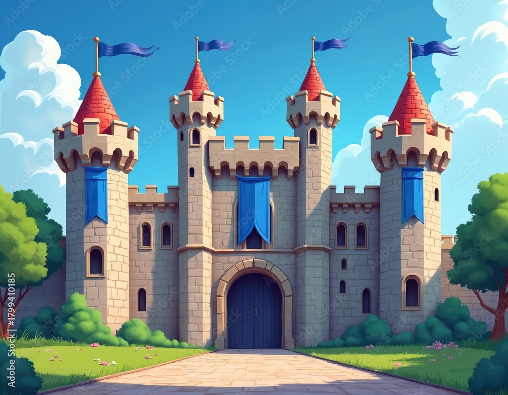 Naklejka premium Illustration of a fairytale castle with red-topped towers and blue banners. Majestic fortress stands on a green lawn against a blue sky. Architectural design shows a front view
