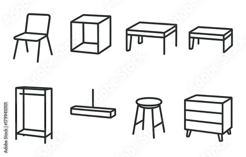 Minimalist furniture icons on dark background: chair, table, cabinet