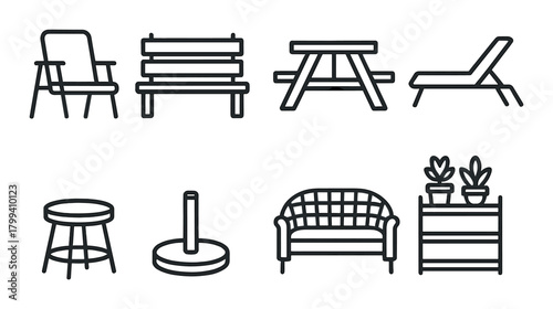 Silhouette icons of outdoor furniture: chairs, benches, loungers, tables, and plant racks