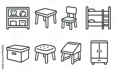 Children's furniture icons: bunk bed, shelves, chair, table, desk, wardrobe, storage