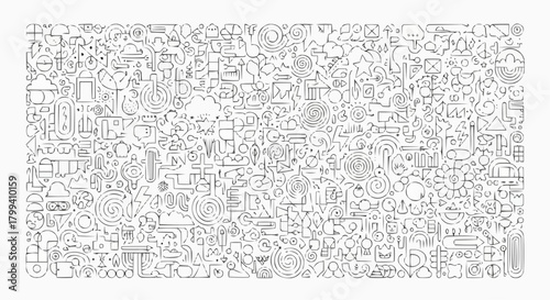 Detailed black and white doodle art featuring a variety of abstract shapes and symbolic representations