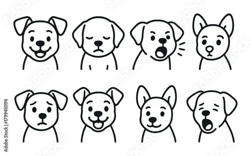 Cute cartoon dog faces with different expressions on dark background