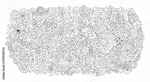 Detailed black and white doodle art featuring a variety of shapes and swirling patterns intricately drawn