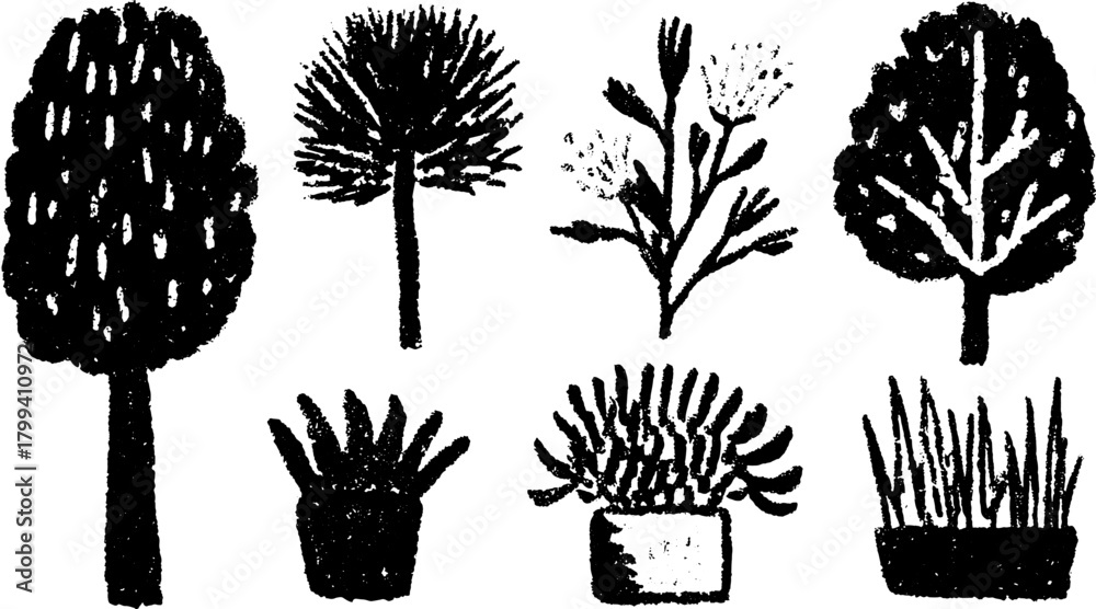 Obraz premium Vector illustration featuring a set of various plants and trees. Simple black and white botanical graphics in a minimal style.